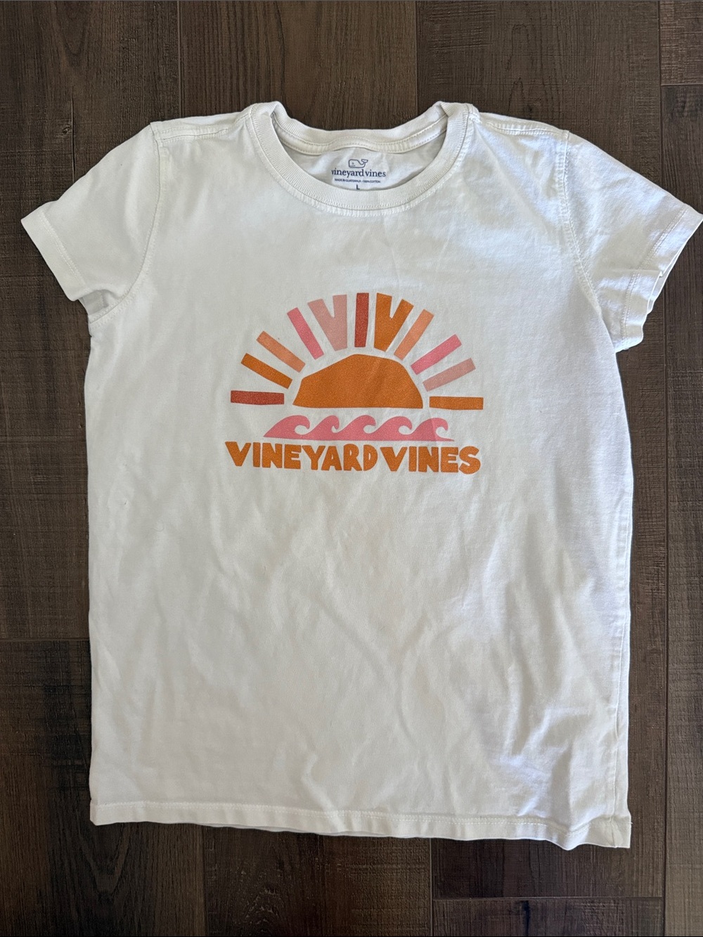 Vineyard Vines White Tee with Orange and Pink Sunset Graphic